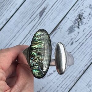 Robert Lee Morris Abalone Shell Hinge Cuff Clamper Soho Bracelet Silver Tone